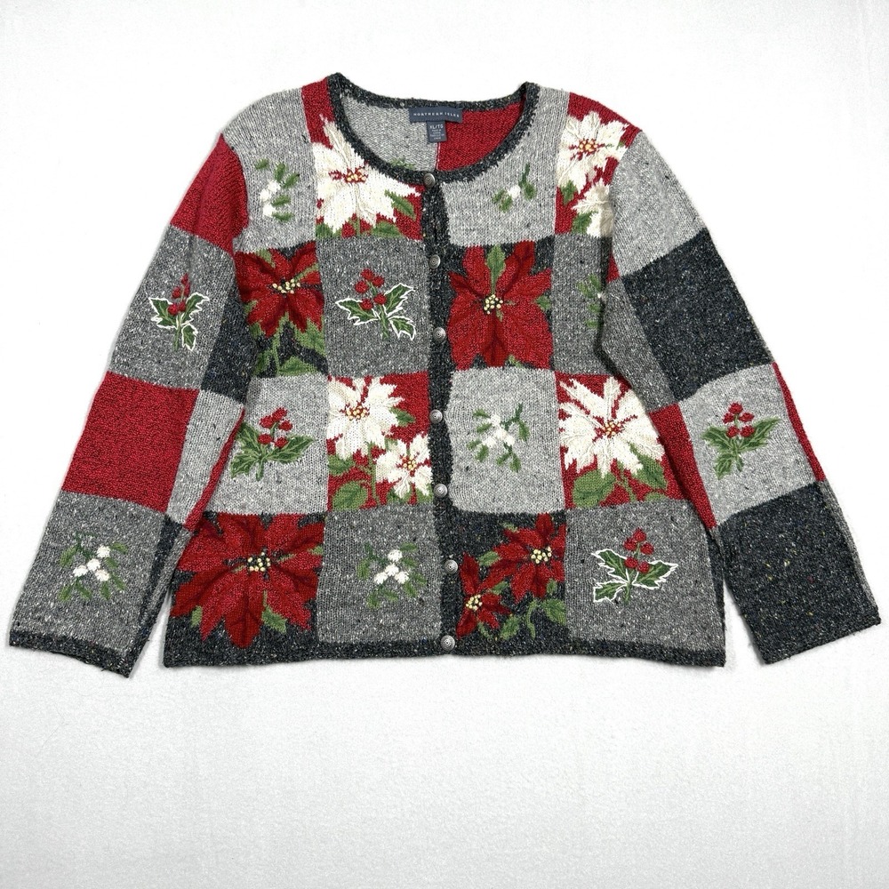 Vintage Christmas Sweater‎ Womens XL Cardigan Patchwork Poinsettia Embroidered